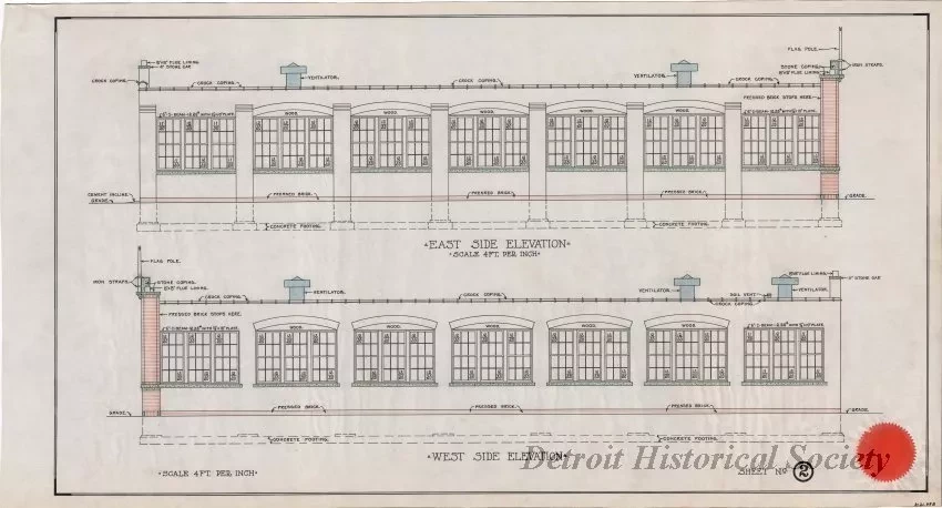 Drawing, Architectural - Factory Building for American Die Works, Detroit, Michigan;
East Side Elevation, West Side Elevation