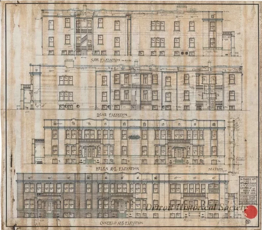 Drawing, Architectural - 16 Family Apt. for Mr. E. M. Coleman 
at the S.E. Corner of Canfield and Helen Aves., Detroit, Mich.