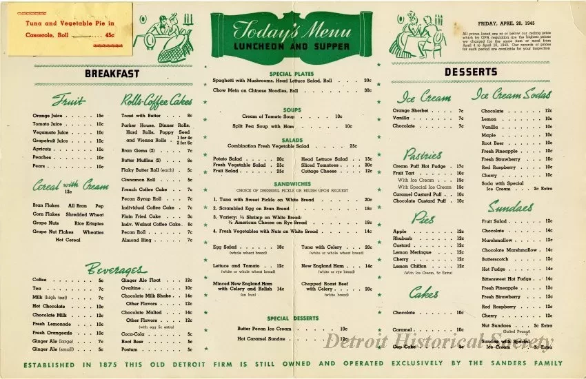 Menu - The Sanders Menu, Vol. 2, No. 8