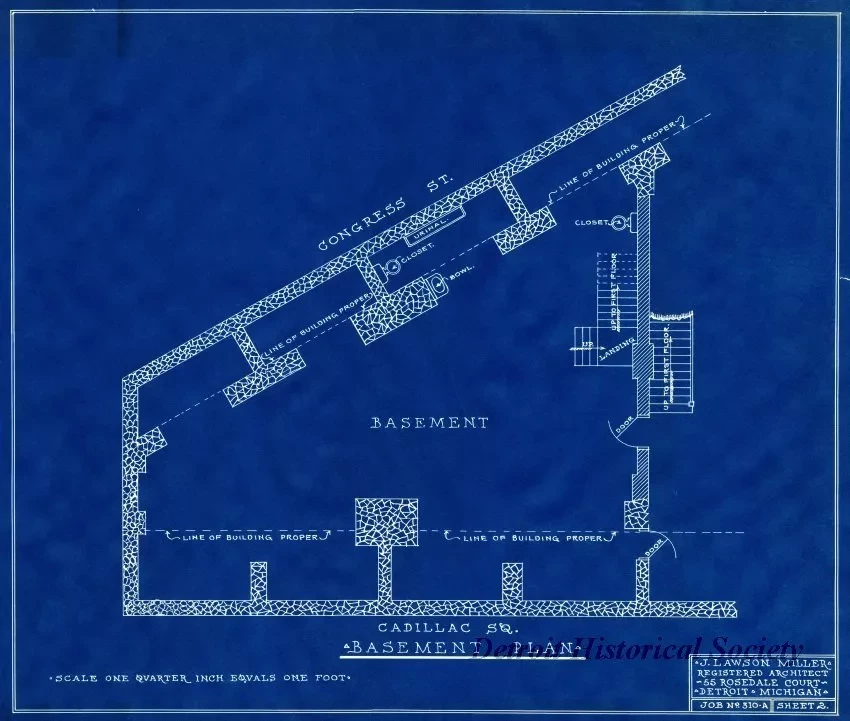 Blueprint - Drawing for the First Floor & Basement of the East End of the Reid Building, 138 Cadillac Square, Detroit, Michigan