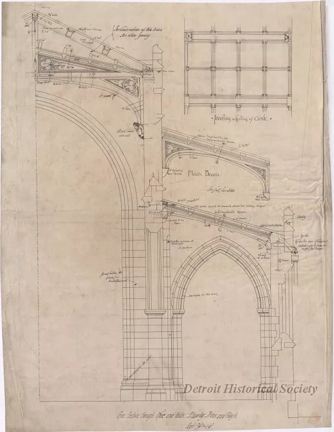 Drawing, Architectural - Cross Section Through Nave and Aisles Showing Truss and Roofs,
Transept Window