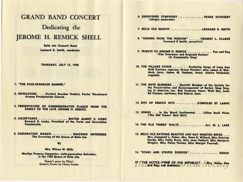 Program, Concert - Tenth Annual Old Timers' Day and Dedication of the Jerome H. Remick Music Shell, at Belle Isle July 13, 1950