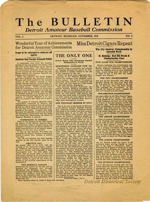 Newsletter - The Bulletin, Detroit Amateur Baseball Commission, Vol. 2, No. 1
November, 1918