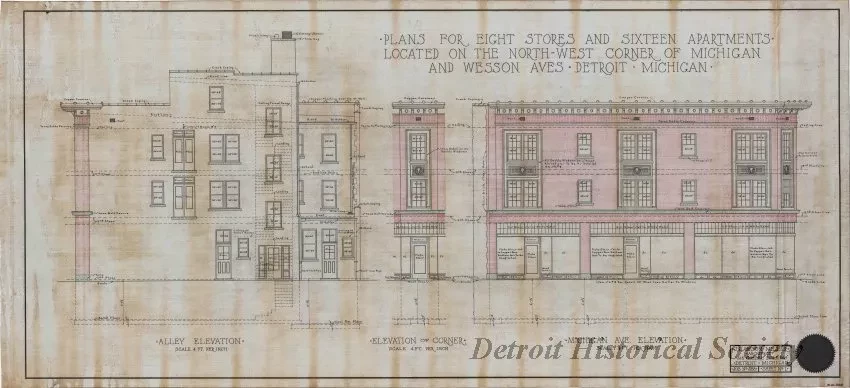 Drawing, Architectural - Plans for Eight Stores and Sixteen Apartments Located on the 
North-West Corner of Michigan and Wesson Aves., Detroit, Michigan