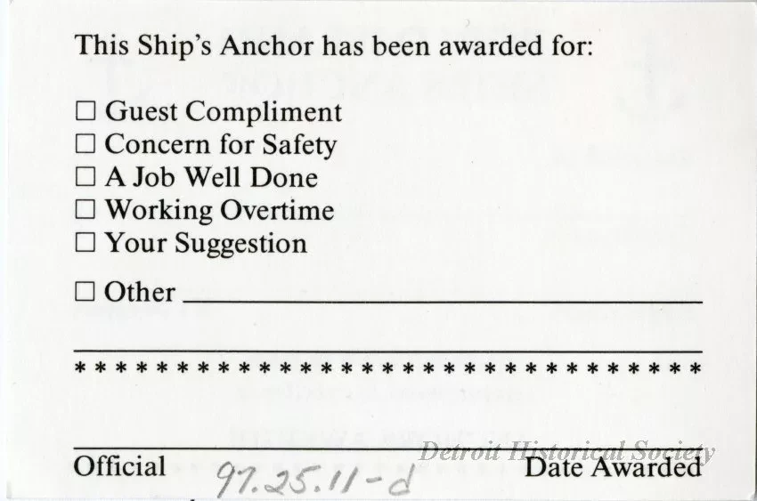 Award - Bob-Lo Island Ships Anchor Award