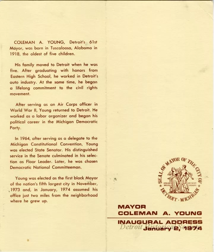 Pamphlet - Mayor Coleman A. Young Inaugural Address, January 2, 1974