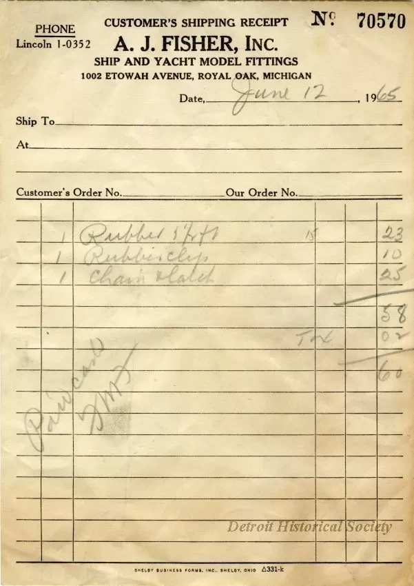 Receipt - A. J. Fisher, Inc.
Ship and Yacht Model Fittings