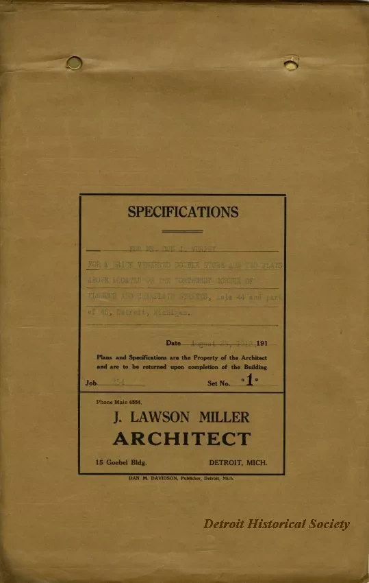 Specification - Specifications for Mr. Con [Cornelius] J. Murphy for a Brick Veneered Double Store and Two Flats Above Located on the Northwest Corner of Elmwood and Champlain Streets, Detroit, Michigan.
