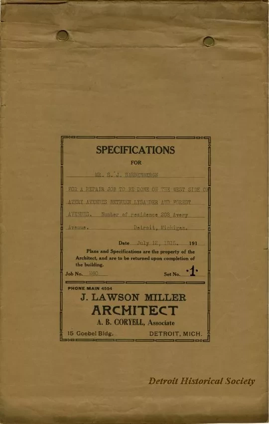Specification - Specifications for Mr. S. J. Hardenbergh for a Repair Job to Be Done on the West Side of Avery Avenue Between Lysander and Forest Avenues, Detroit, Michigan.