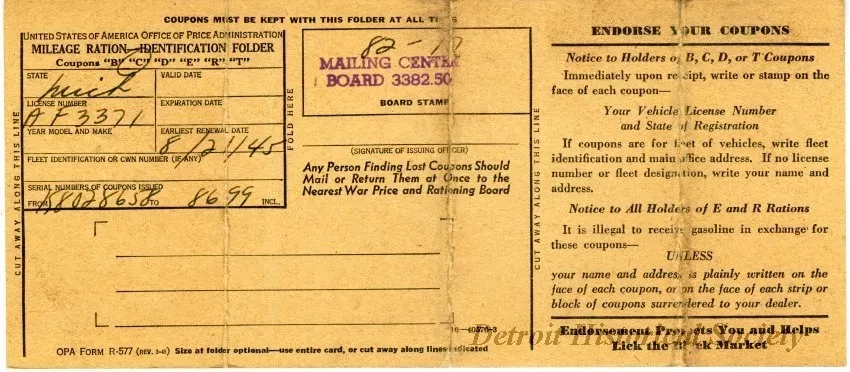 Book, Ration - Mileage Ration Identification Folder
