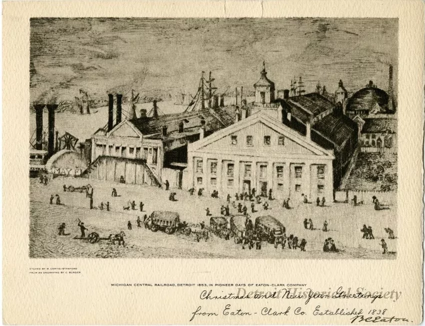 Print - Michigan Central Railroad, Detroit 1853, in Pioneer Days of Eaton-Clark Company