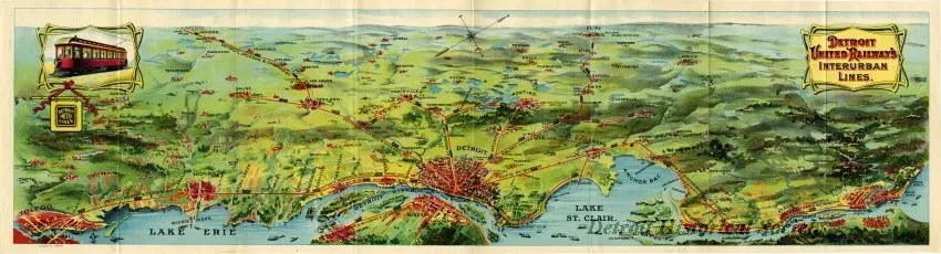 Map - Detroit United Lines.  Rides by Trolley.  Fast Electric Service between the Principal Cities of Michigan and connecting at Toledo with Ohio and Indiana Points
