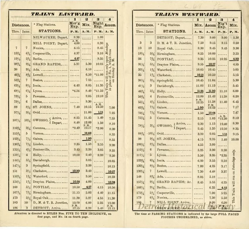 Schedule - Detroit and Milwaukee Railway, No. 20, Private Time Table of Passenger and Freight Trains; And Special Instructions for the Exclusive Use of Conductors, Enginemen, &c. to take effect on Monday, September 6, 1858.