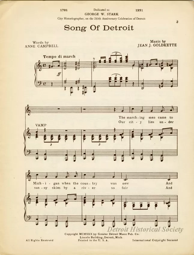 Music, Sheet - Song of Detroit