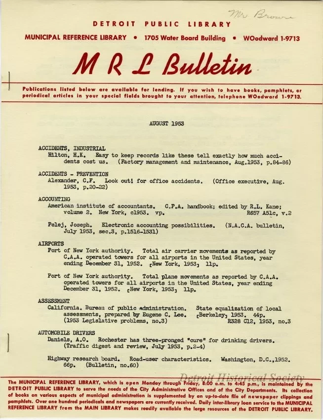 Bulletin - MRL Bulletin, August 1953