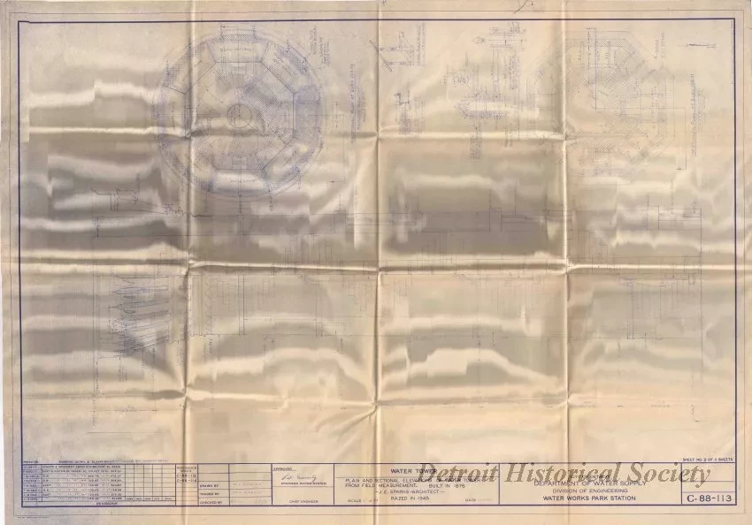Blueprint - Water Tower - Plan and Sectional Elevations of Water Tower from Field Measurements.  Built in 1876.  J. E. Sparks, Architect.  Razed in 1945,