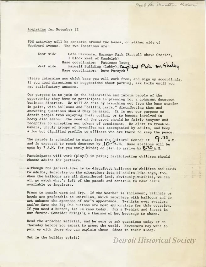 Memorandum - Logistics for November 22