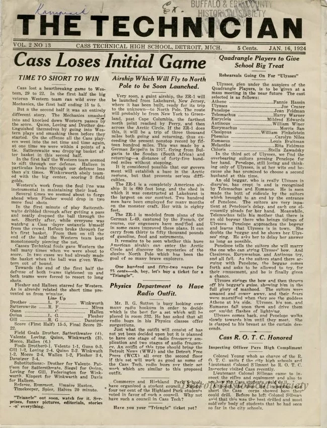 Newspaper - The Cass Technician, Vol. 2, No. 13, Jan. 6, 1924