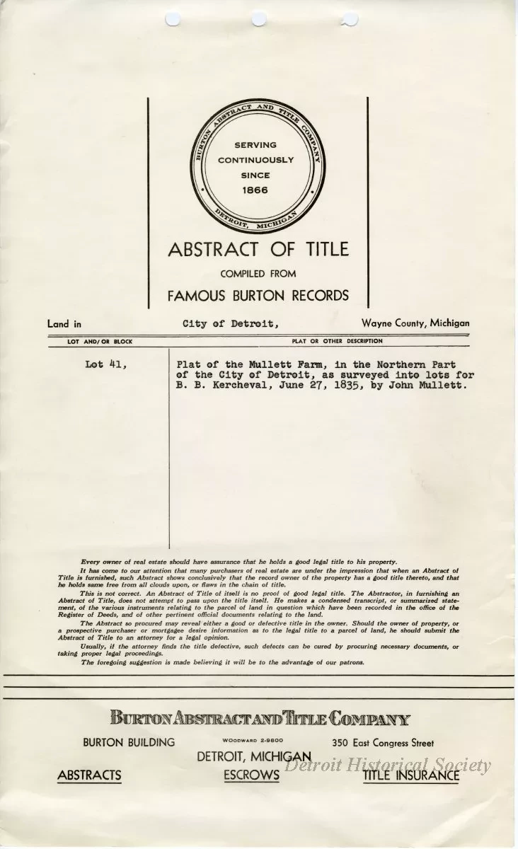 Title, Abstract - Abstract of Title, Lot 41, Plat of Mullet Farm