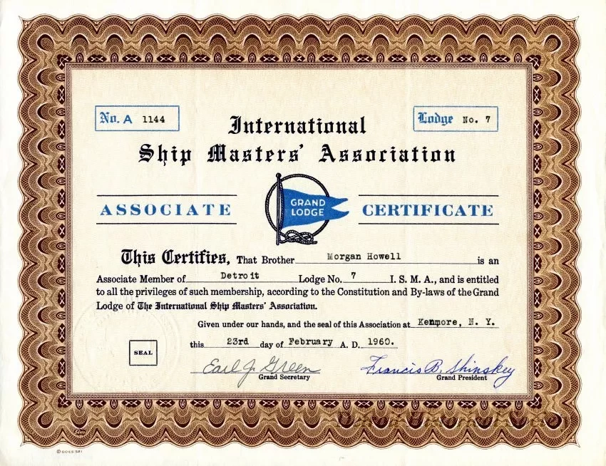 Certificate, Membership - International Ship Masters' Association,
Grand Lodge Associate Certificate