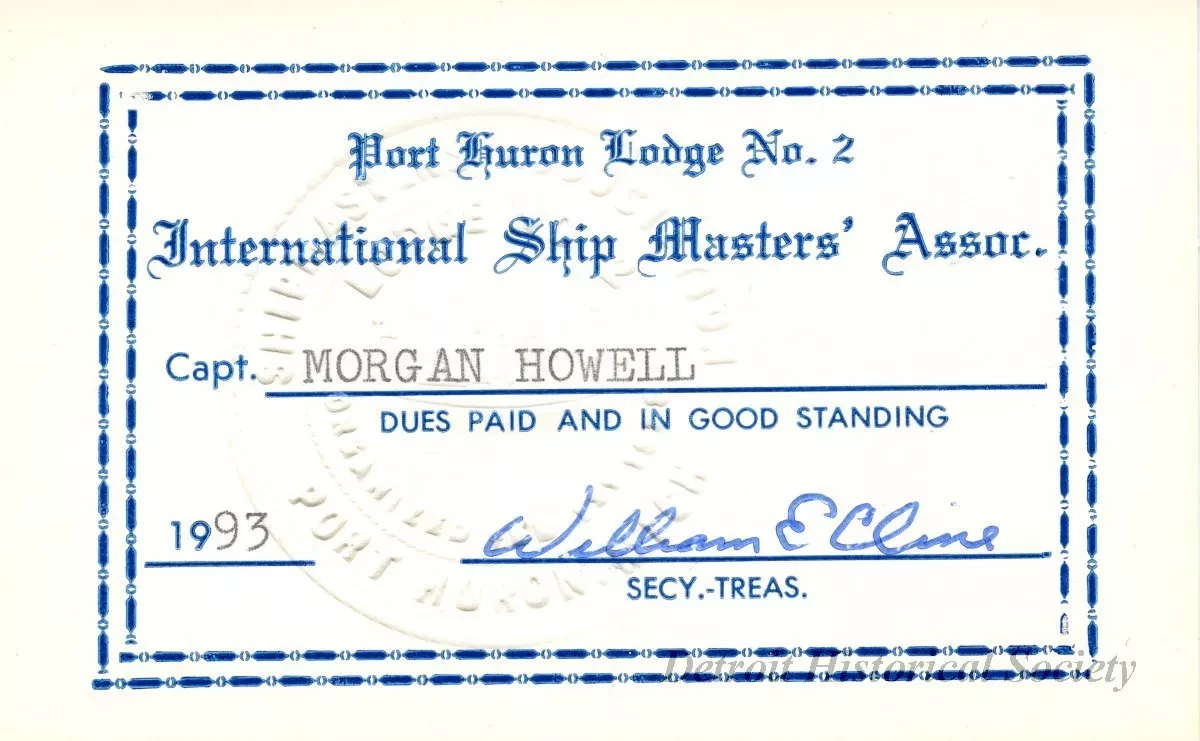 Card, Membership - Port Huron Lodge No. 2, 
International Ship Masters' Association