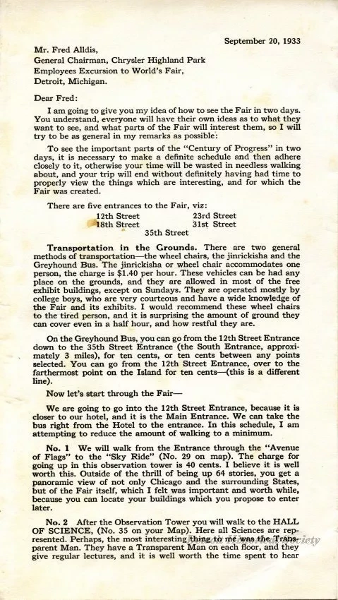 Program - A Souvenir of the Chrysler Corporation Highland Park Plant 
Employees' Excursion to 'A Century of Progress' at Chicago