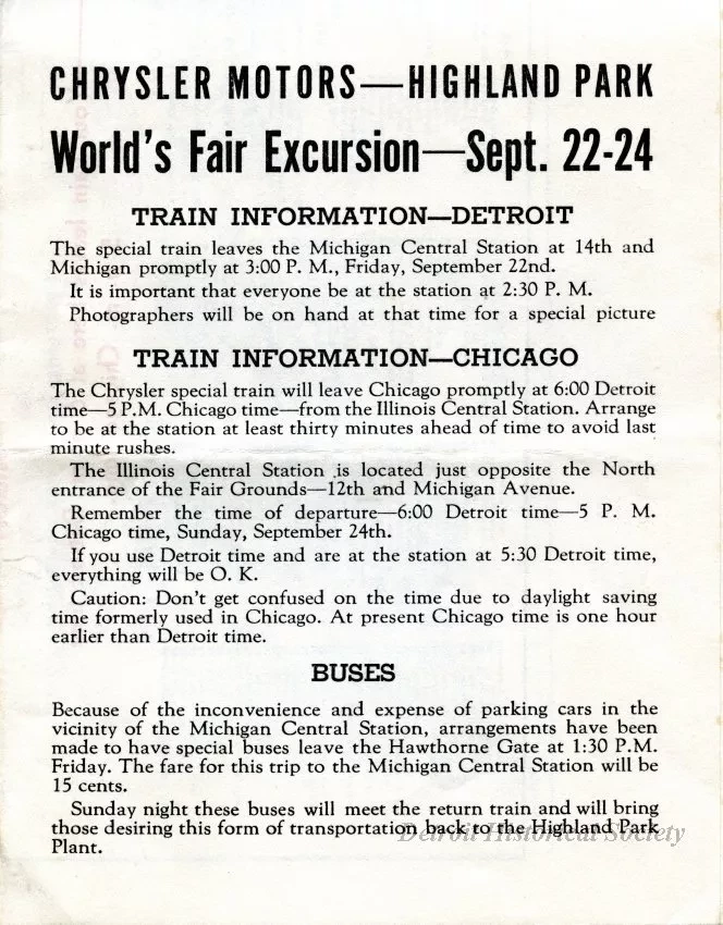 Program - A Souvenir of the Chrysler Corporation Highland Park Plant 
Employees' Excursion to 'A Century of Progress' at Chicago