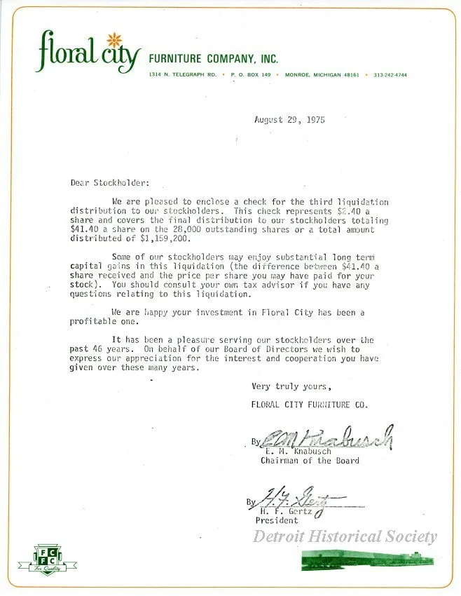 Letter - Floral City Furniture Company, Inc.