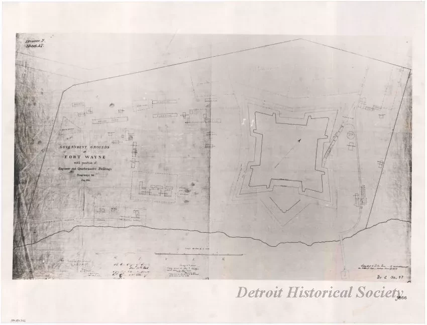 Drawing, Technical - Government Grounds at Fort Wayne 
with Position of Engineer and Quartermaster Buildings, Roadways &c.,
Aug. 1866