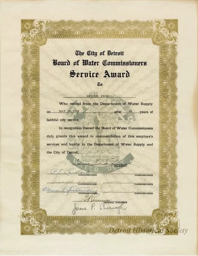 Certificate, Commemorative - The City of Detroit
Board of Water Commissioners Service Award