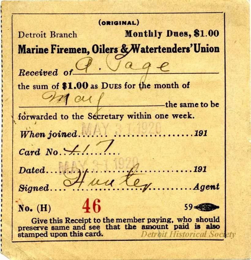 Receipt - Marine Firemen, Oilers & Watertenders' Union