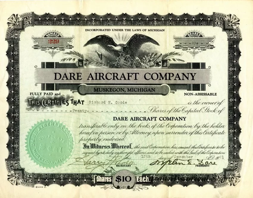 Certificate, Stock - Dare Aircraft Company