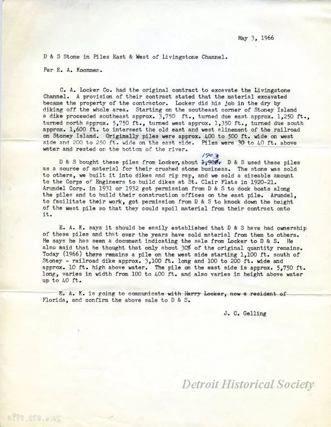 Memorandum - D&S Stone Piles East & West of Livingstone Channel