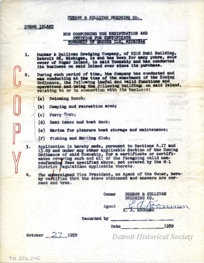 Letter - Dunbar & Sullivan Dredging Co. 
Sugar Island, Non Conforming Use Registration and Petition for Certificate, Township of Grosse Ile, Michigan
