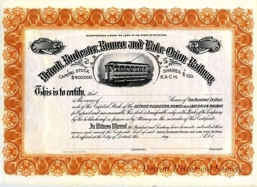 Certificate, Stock - Detroit, Rochester, Romeo and Lake Orion Railway