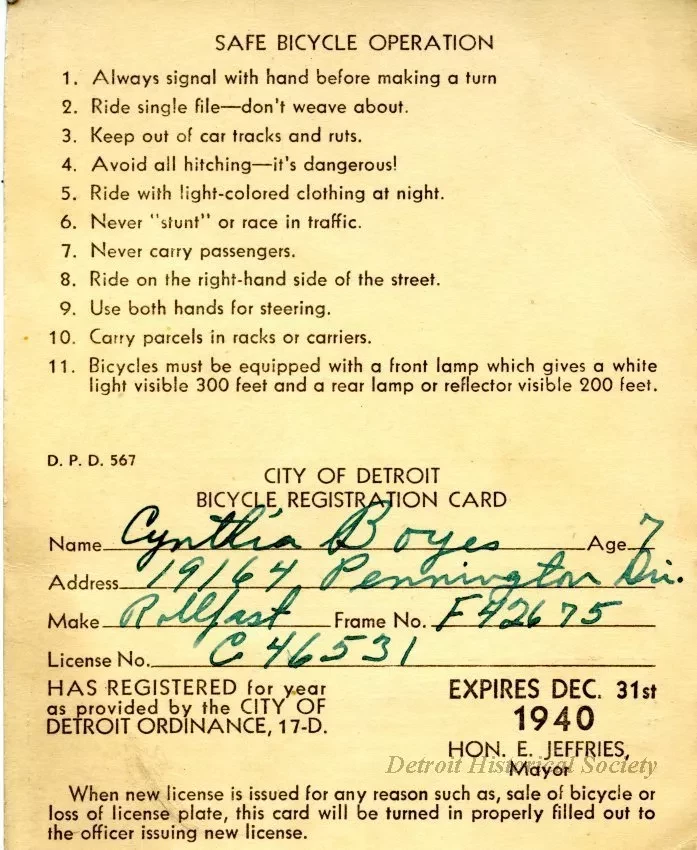 Card, Documentary - City of Detroit
Bicycle Registration Card