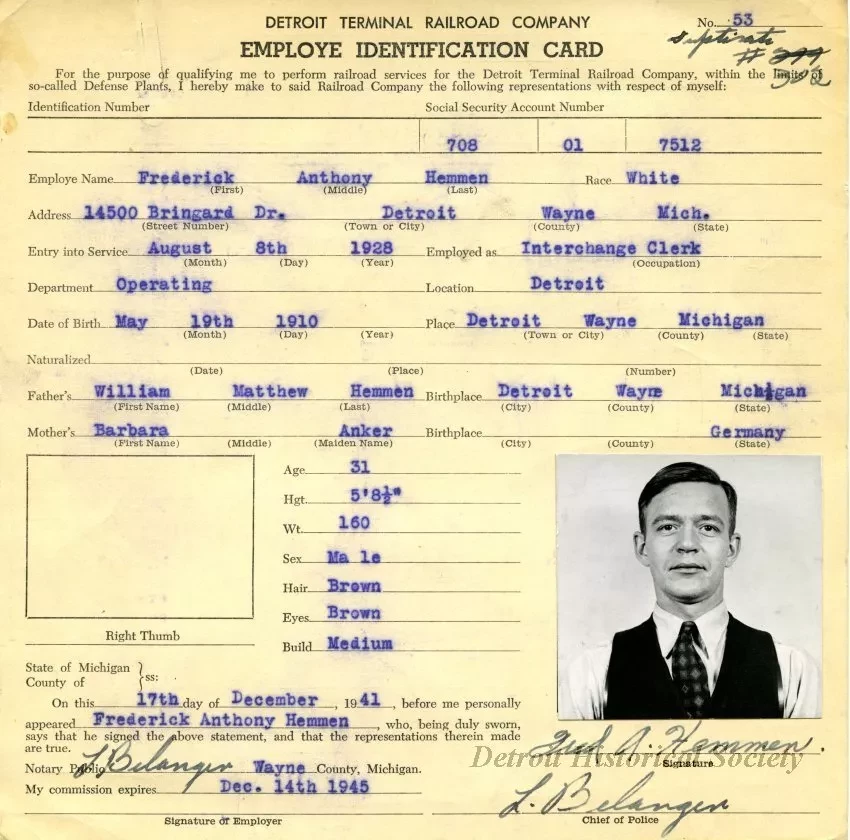 Card, Identification - Detroit Terminal Railroad Company 
Employee Identification Card