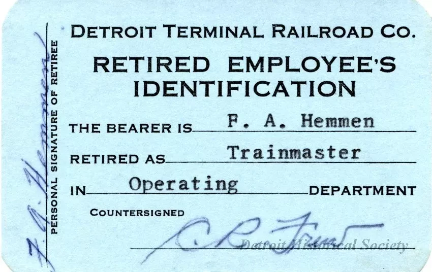 Card, Identification - Detroit Terminal Railroad Co.
Retired Employee's Identification