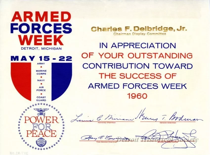 Certificate, Achievement - Armed Forces Week
Detroit, Michigan