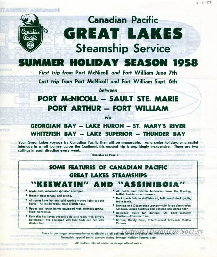 Brochure - Canadian Pacific Great Lakes Steamship Service,
Summer Holiday Season Schedule for 1958