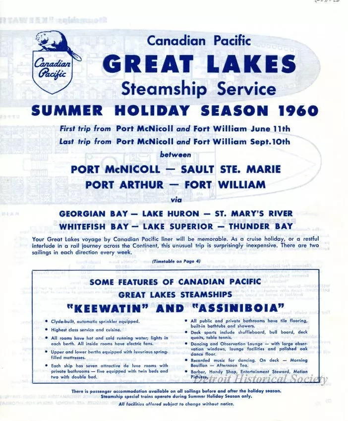 Brochure - Canadian Pacific Great Lakes Steamship Service,
Summer Holiday Season Schedule for 1960