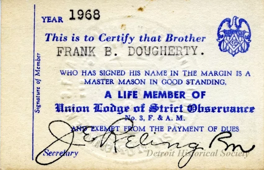 Card, Membership - Union Lodge of Strict Observance No. 3,
Grand Lodge F.& A.M. [Free & Accepted Masons] of Michigan