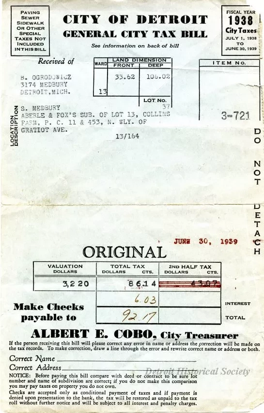 Bill, Tax - City of Detroit
General City Tax Bill