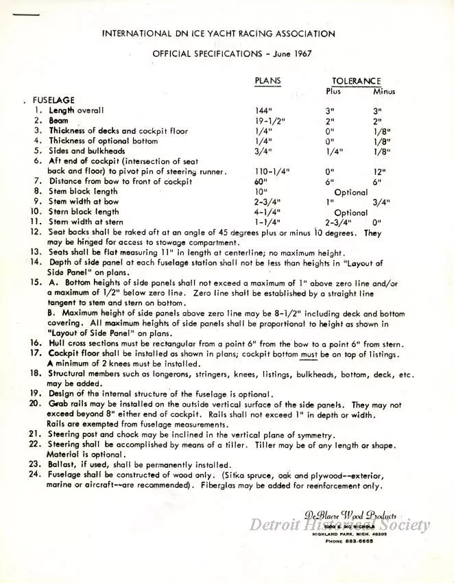 Specification - International DN Ice Yacht Racing Association 
Official Specifications - June, 1967