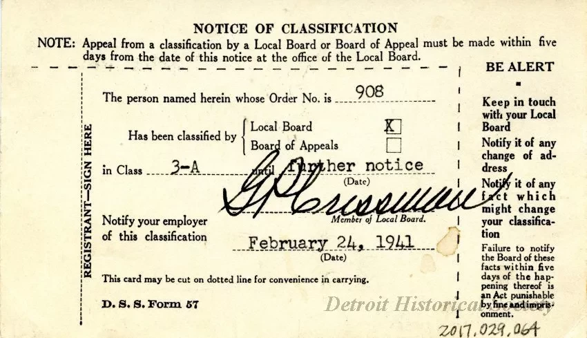 Card, Draft - Notice of Classification