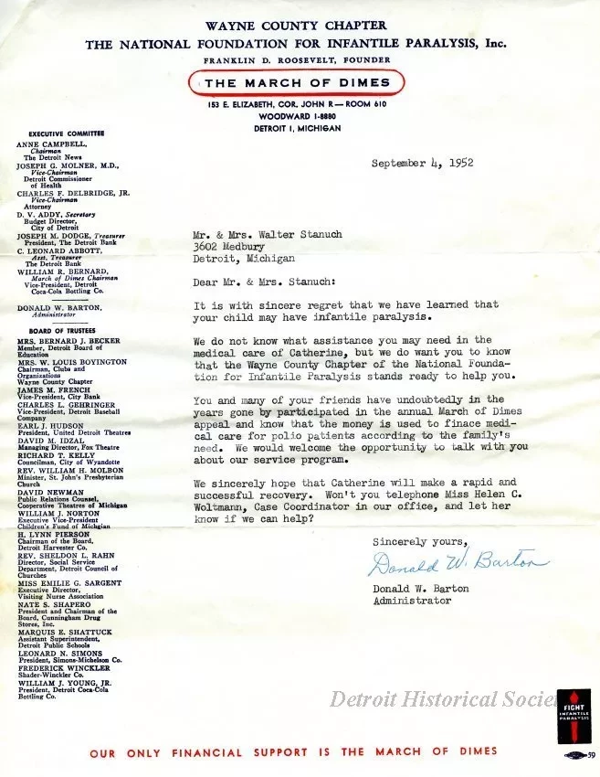 Letter - Wayne County Chapter 
The National Foundation for Infantile Paralysis