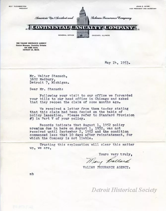Letter - Continental Casualty Company