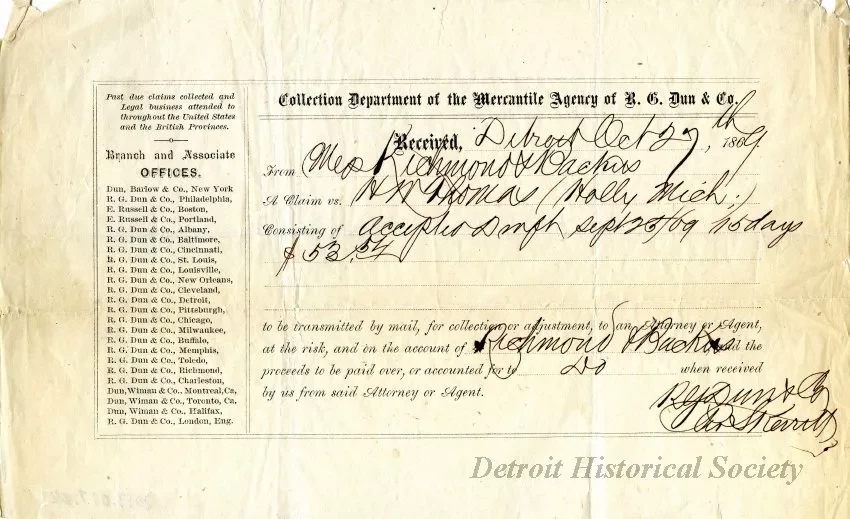 Receipt - Collection Department of the Mercantile Agency of R. G. Dunn & Co.