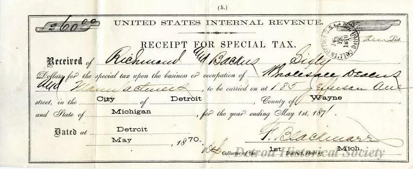Receipt - United States Internal Revenue
Receipt for Special Tax