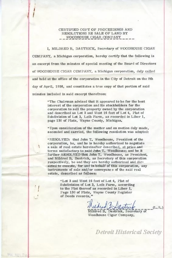 Resolution - Certified Copy of Proceedings and 
Resolutions Re Sale of Land by Woodhouse Cigar Company